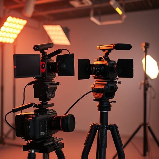 Divers √©quipements de tournage professionnels incluant des cam√©ras, des √©clairages et des micros.