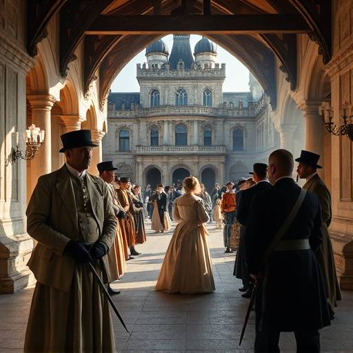 Image du tournage d'un film d'√©poque au Ch√¢teau de Pierrefonds avec l'√©quipe d'√âtoiles du Cin√©ma g√©rant la logistique.